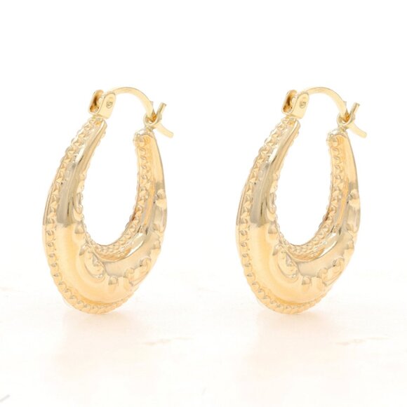 Yellow Gold Puffy Hoop Earrings 14k Scalloped Milgrain Pierced - Picture 1 of 4